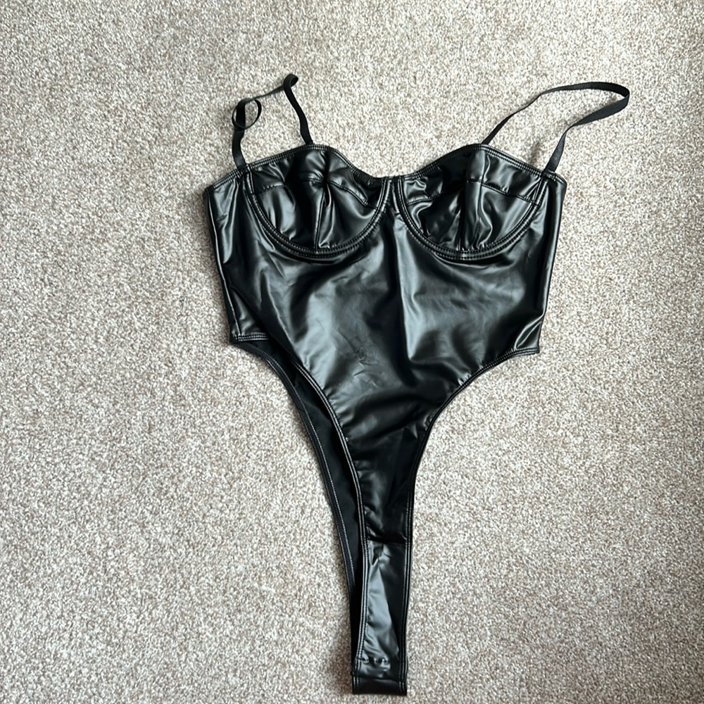 Black faux leather bodysuit